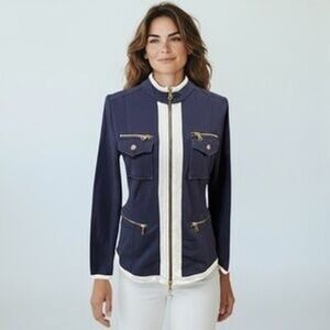 Boston Proper Jacket Md Chic Zippered Sport Navy Gold Zip Cotton Nautical Sailor